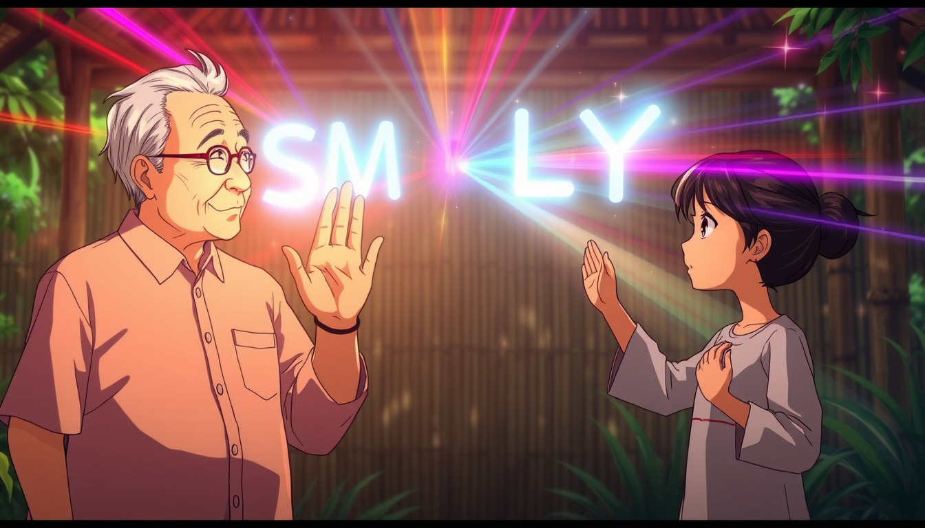 Anime style of three generations of a Vietnamese family - grandparents, parents, and children - stand side by side, gazing at an unseen screen. They're positioned in front of a simple bamboo hut, surrounded by lush greenery. As they reach forward, streams of colorful light emerge from their fingertips, intertwining to create a vibrant "SM LYT" in the air. The light show reflects in their eyes, symbolizing shared hopes and dreams across generations.