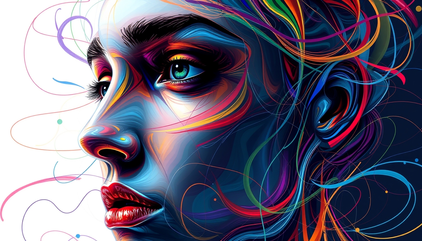 A digital painting of a human face composed of colorful, swirling lines and shapes, blending realism with abstract elements.