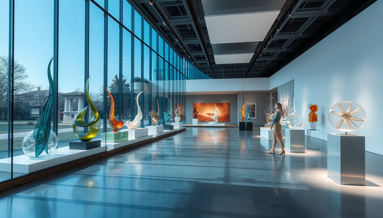 A modern art gallery with glass walls, showcasing contemporary glass sculptures.