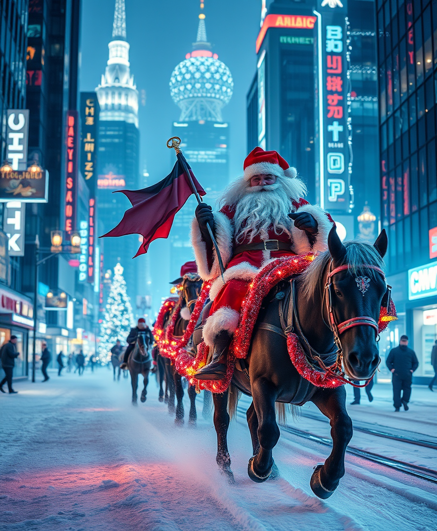 Russian Snow Grandfather rides a festive Russian troika through a futuristic cyberpunk city decorated with Christmas lights.