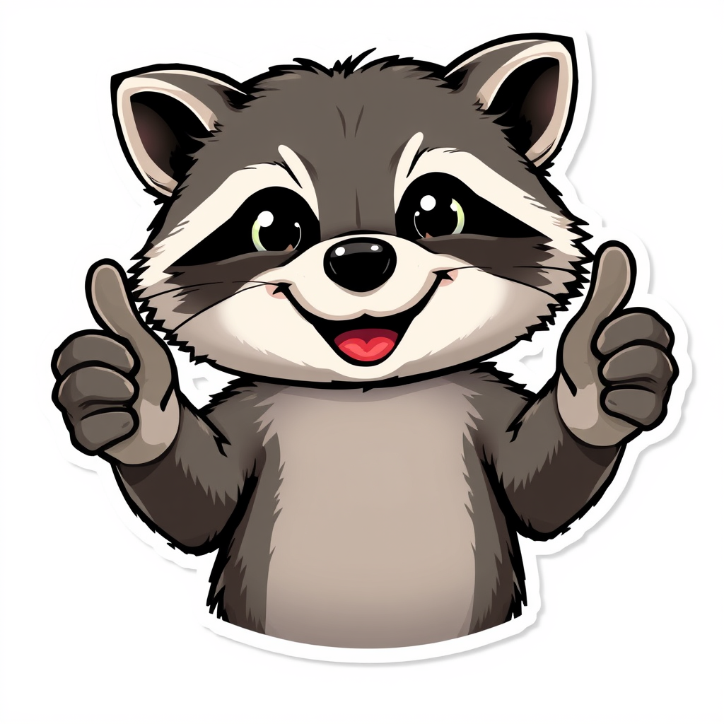 full-length. A raccoon with a big smile, its eyes sparkling with joy. It is giving two big thumbs up, as if saying "Everything is great!" This sticker can be used to express approval or good mood. - Image