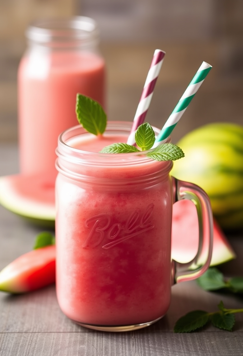 Watermelon smoothie in a mason jar with a straw, refreshing beverage, healthy lifestyle.