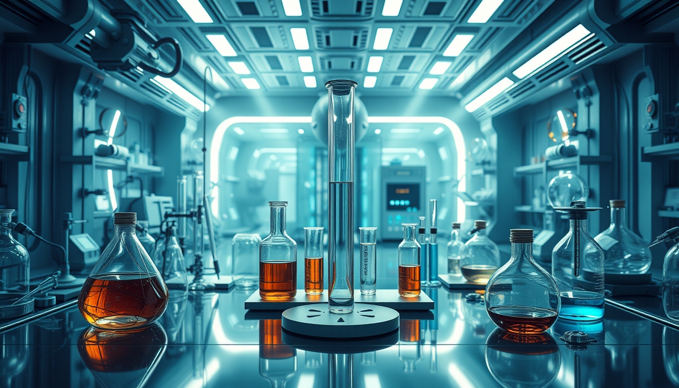 A futuristic laboratory with glass test tubes and advanced scientific equipment.