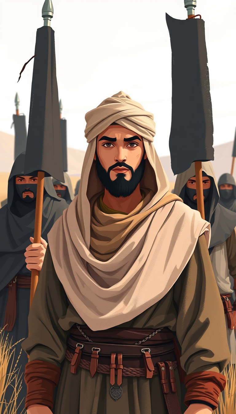 Flat Digital vector of a young Muslim commander wearing modest biblical cloak-turban clothes, standing behind the great Muslim warriors with a leader expression. The medieval Muslim warriors are wearing veils and holding black banners, guarding him in open land, with smooth crayon textures and a soft brushed aesthetic blending.