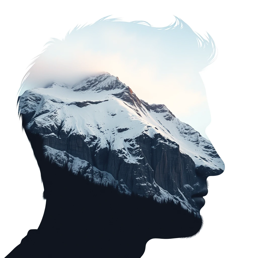 "[Abstract style of snow-covered cliffs] within the [silhouette of a man's head], this is a double exposure photo. Non-representational, colors and shapes, emotional expression, imaginative, very detailed." - Image