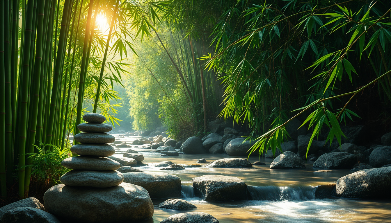 This picture depicts a peaceful natural scene with lush green bamboo, stones stacked upon each other, and a gently flowing stream. Sunlight filters through the foliage, creating a relaxing and tranquil atmosphere, much like a meditative painting.