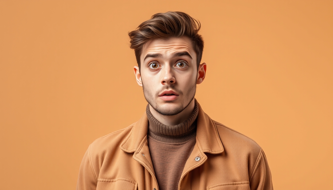 Photo portrait of a pretty young male looking shocked in empty space, wearing a trendy brown outfit, isolated on a khaki-colored background.