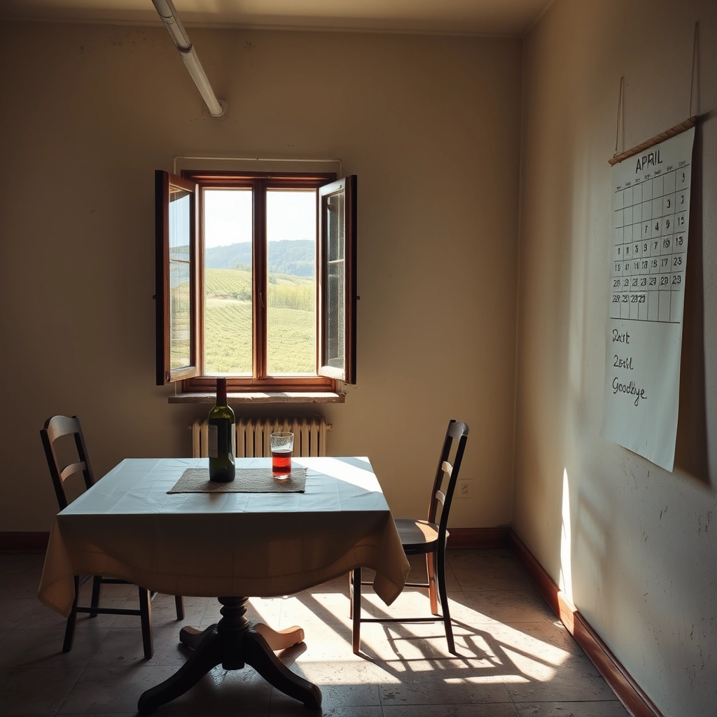 a room in an abandoned house, a square kitchen table, a tablecloth on it, a bottle of red wine and an empty glass, an empty chair pushed aside, a window through which sunlight enters, projecting the window frame onto the floor, outside the window you can see a rural landscape, with hills full of vineyards, on the wall, on the right, painted with peeling paint, a hanging calendar, open to the month of April, on the 23rd of April a writing. Goodbye.