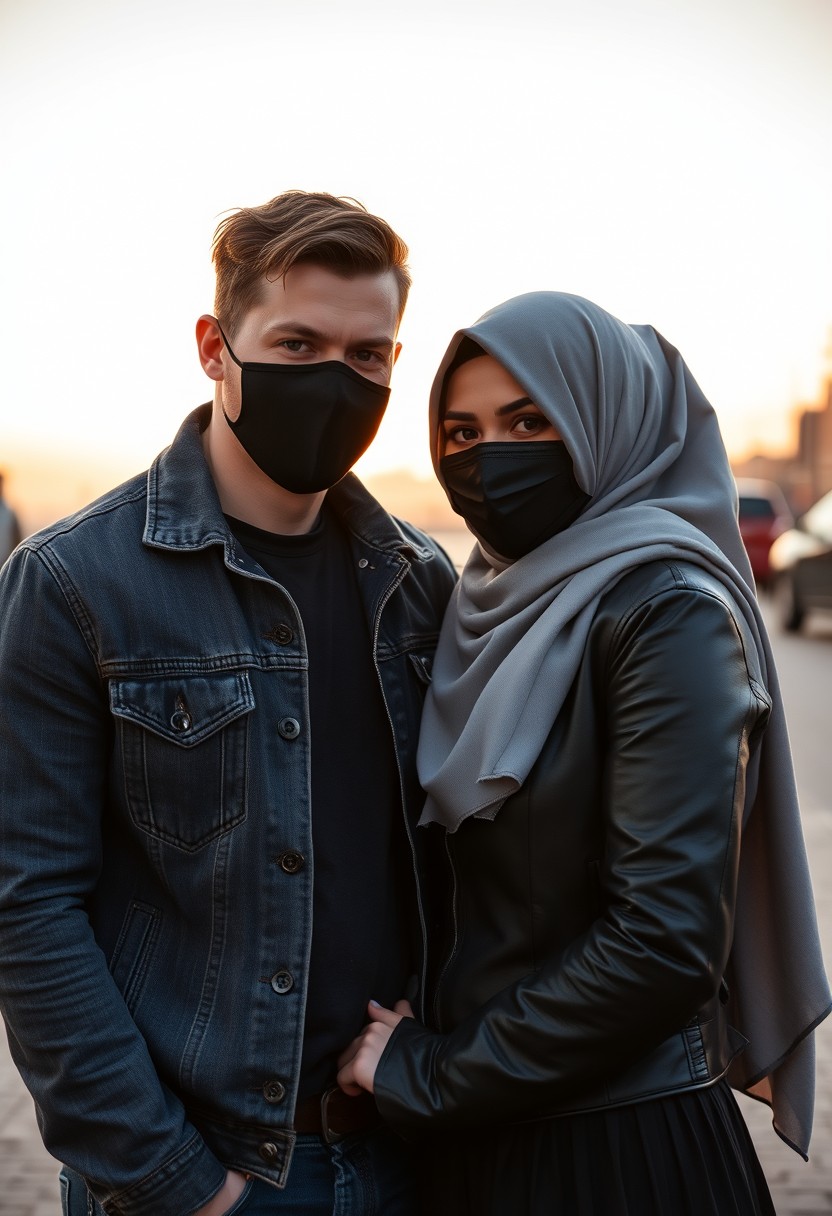 Jamie Dornan's head and body shot, handsome, black face mask, jeans jacket, jeans, dating, love couple, with the biggest grey hijab Muslim girl, black face mask, beautiful eyes, black leather jacket, biggest skirt, taking picture, DSLR camera Canon, sunset, hyper realistic, street photography. - Image