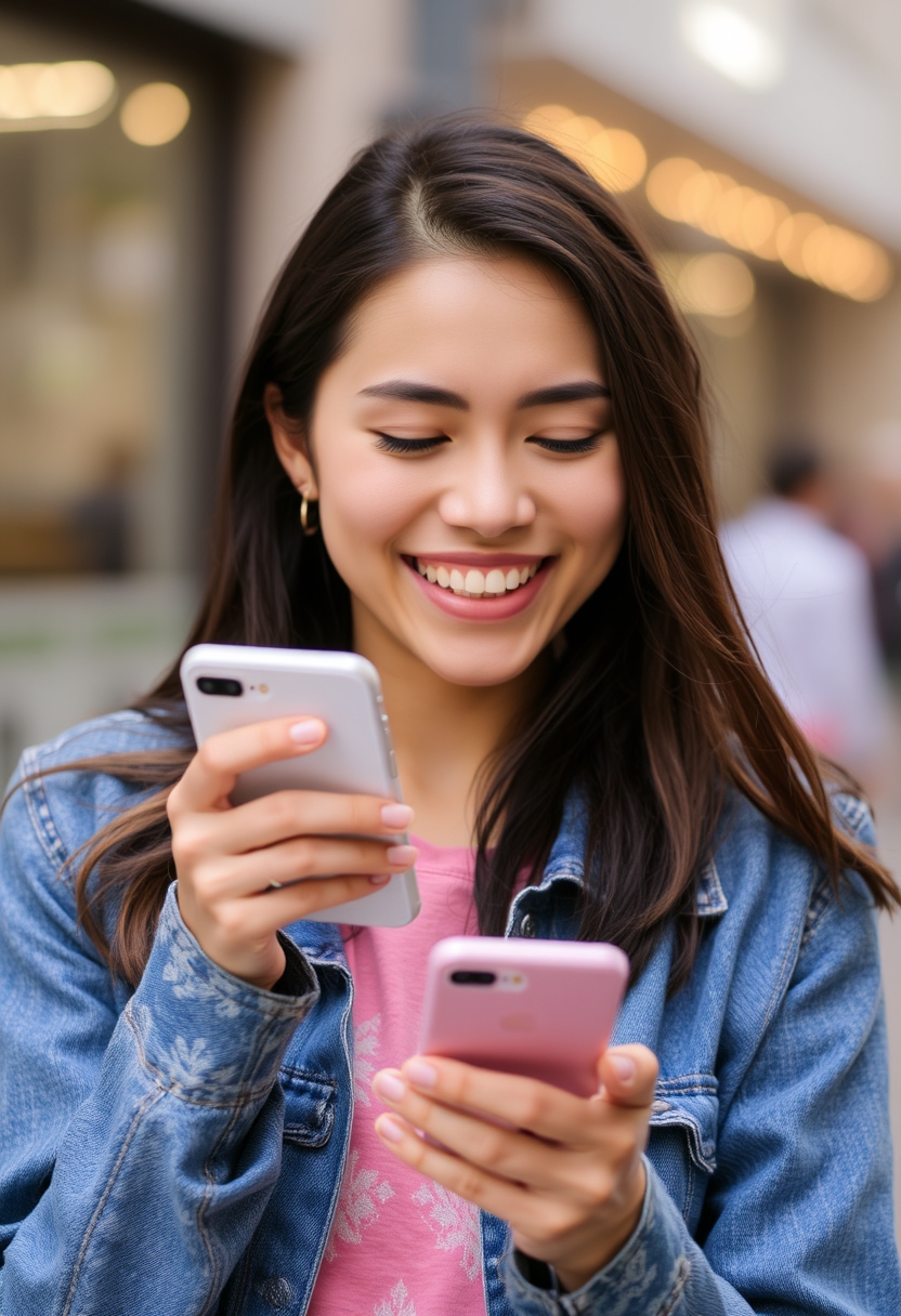 A woman plays with her mobile phone, smiling and looking happy.