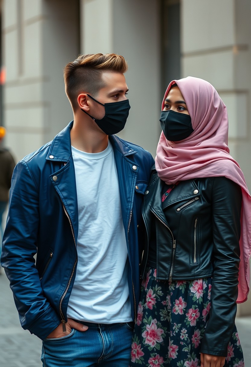 Jamie Dornan's face, hair and body shot, handsome, young, shaved, white t-shirt, blue jacket, jeans, dating love with biggest soft pink hijab, black leather jacket, black face mask, biggest floral skirt, hyper realistic, street photography.