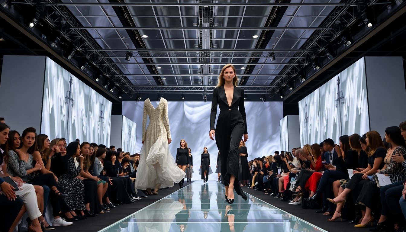 A high-end fashion show with models walking down a glass runway. - Image