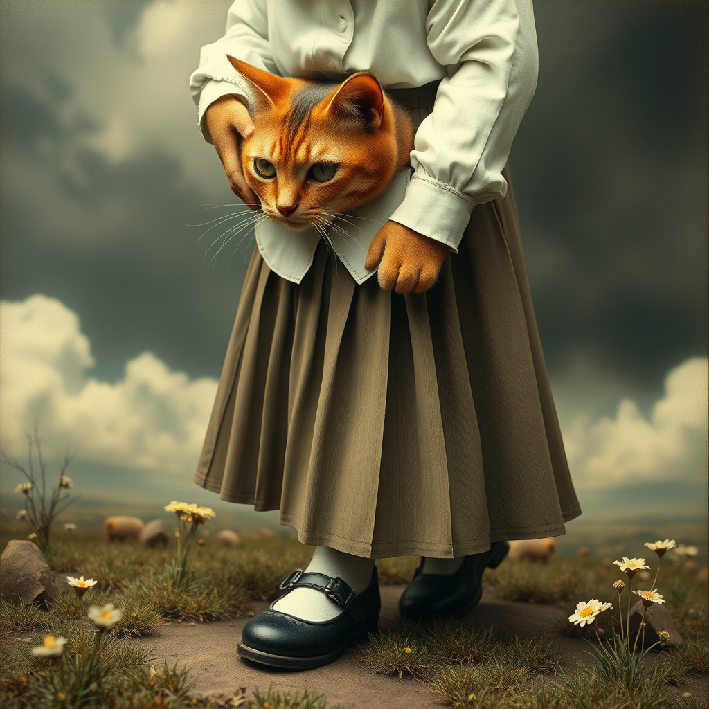 (surrealist photography of an anthropomorphic cat, cat paw, dressed in a pleated skirt with a blouse tucked in and Mary Jane shoes), (strange landscape), detailed.