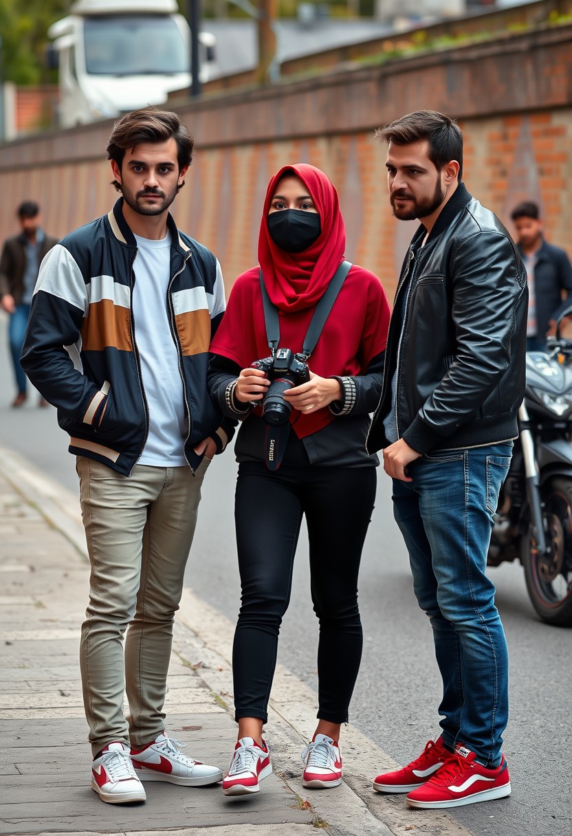 Jamie Dornan and Freddie Prinze, head and body shot, handsome, young, serious face, dark brown hair, white T-shirt, collage jacket, skinny jeans, sneakers, standing, discussing with two guys and a young Muslim girl with a short red hijab, beautiful eyes, black face mask, black leather jacket, jeans, red sneakers, holding a Canon DSLR camera, near a town road, superbike, hyper realistic, street photography, brick wall, full body photo, three other random friends in the background. - Image