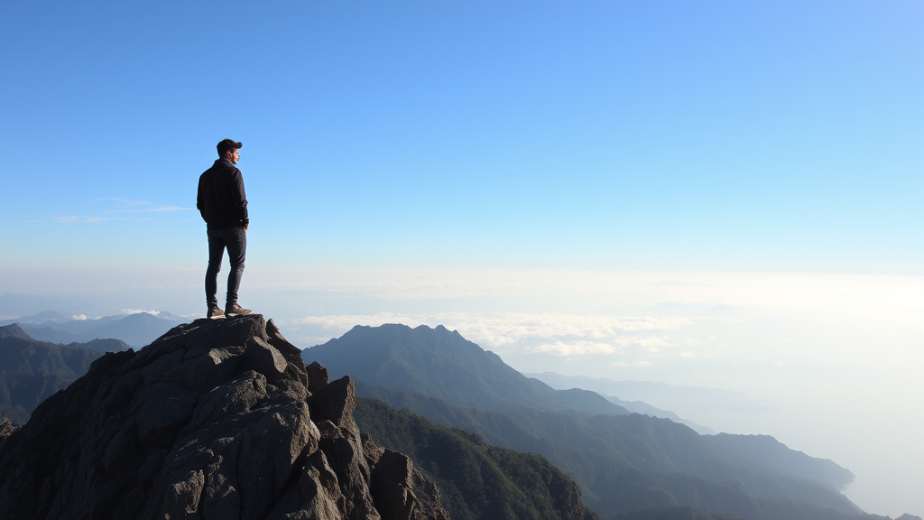 A person standing on top of a mountain with a view of the ocean and mountains, Li Shan, pexels contest winner, standing on a mountain, standing on a mountain top, a wanderer on a mountain, standing in front of a mountain, on deep forest peak, on the top of a mountain.