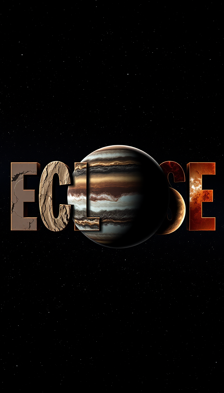 Main Character: The word "ECLIPSE" formed by a unique arrangement of terrestrial and gas planets. Each letter is represented by a different planet, carefully positioned to create the overall word. The terrestrial planets, representing the letters E, C, L, I, P, and S, are depicted with rocky surfaces, craters, and varying atmospheric conditions. The gas giant, representing the letter E, is depicted with swirling clouds and a prominent ring system.
Background: The vast expanse of space serves as the backdrop, filled with distant stars and galaxies. The blackness of space provides a stark contrast to the vibrant colors of the planets, making them stand out prominently. Nebulae and distant galaxies add depth and visual interest to the background, showcasing the immensity and beauty of the cosmos.
Visual Style: The visual style should be hyperrealistic, resembling a photograph captured by a powerful space telescope. The planets should be depicted with intricate detail, showcasing their unique features and atmospheric conditions. The lighting should be realistic, with the planets illuminated by a nearby star, casting shadows and highlighting their three-dimensional forms. The overall tone should be one of awe and wonder, inspiring a sense of curiosity about the vastness and mysteries of the universe.