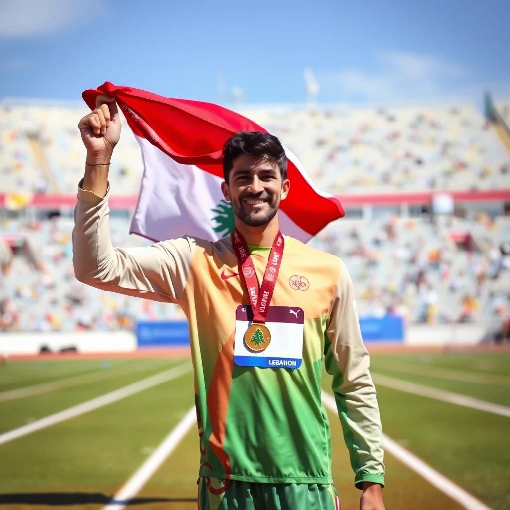 Create a picture of an Olympic champion raising his newly won gold medal and representing Lebanon in the 100m track race. - Image