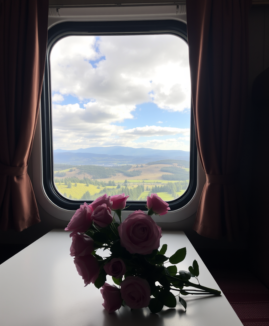 A bouquet of roses sitting on a table in a cozy compartment, a stunning view opens outside the train window.