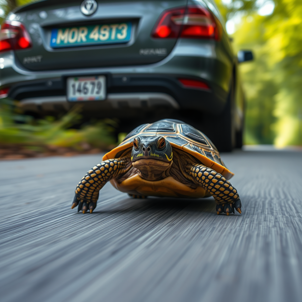 Super Slow Motion Shot of turtle chasing a car Moving Towards Camera.