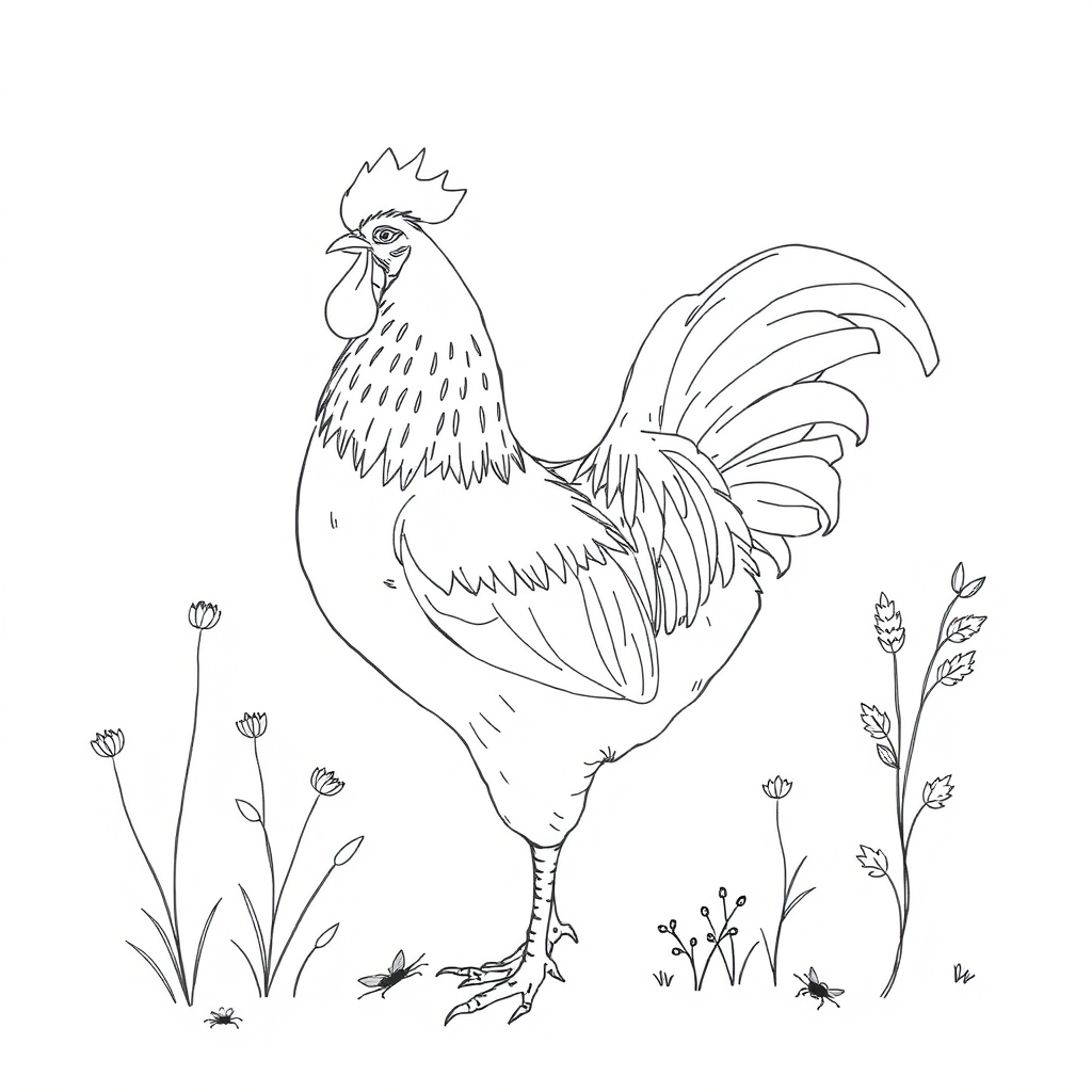 "Outline drawing of a rooster, requiring realistic details, under plants, catching insects."