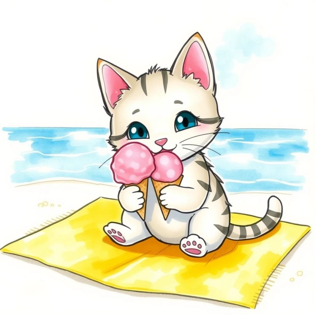 "Please draw a cute cat eating pink ice cream on a yellow mat at the beach. In watercolor style."