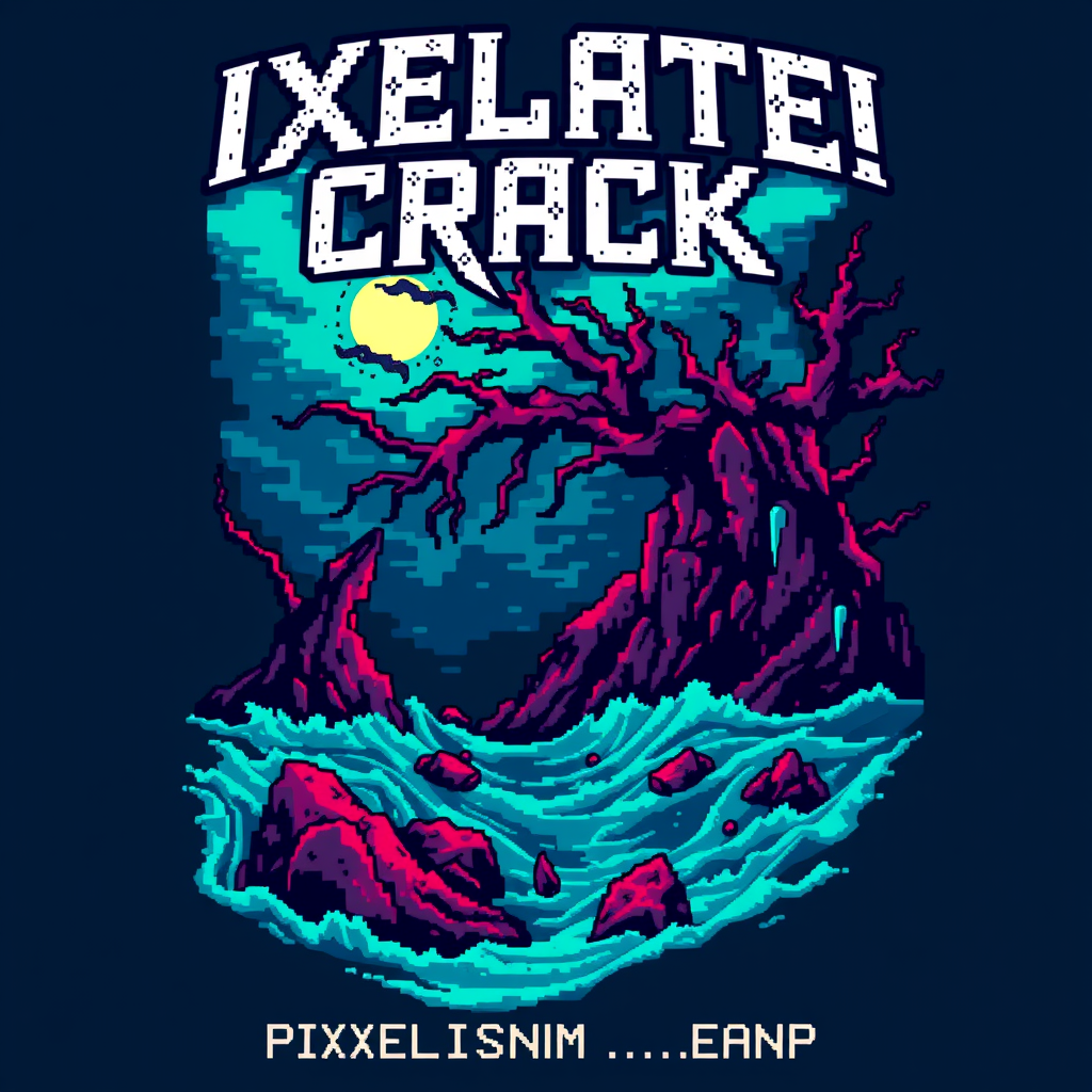 T-shirt design featuring a blocky, colorful 8-bit style of death metal blended with chiptune. The visual should be unique and striking, yet macabre, intertwined with beauty. The band name is "Pixelated Crack," accompanied by a scene inspired by the deep sea. - Image