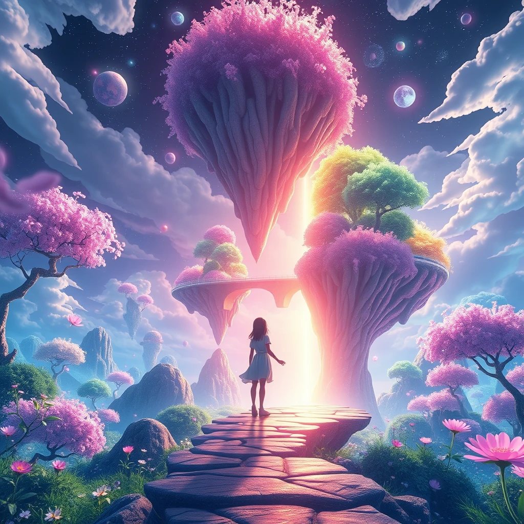 The girl walked out of the portal and arrived in a world full of fantasy colors. There are huge islands floating in the sky, connected by shimmering bridges. The trees around emit soft fluorescence, and the flowers bloom with brilliant light. Picas style, 3D rendering, ultra-high definition picture quality, 36k, -- niji 6.