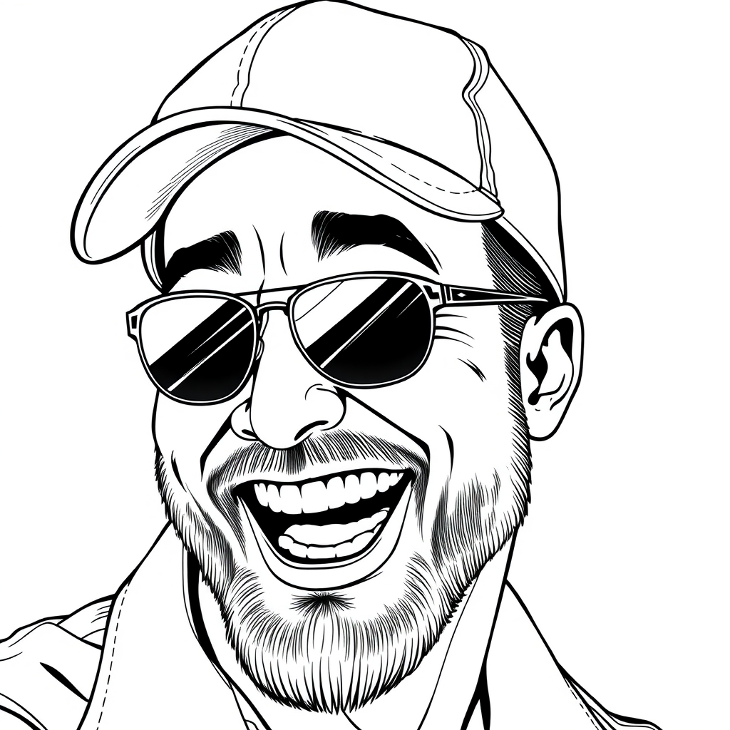 A cool black and white line drawing of a man around 35 years old, wearing a baseball cap, Asian, with aviator sunglasses, a little beard, a tough guy, dressed in a shirt (close-up), with a full, defined face, robust physique, clean and fresh skin, laughing heartily after winning, making a greeting gesture (close-up). - Image