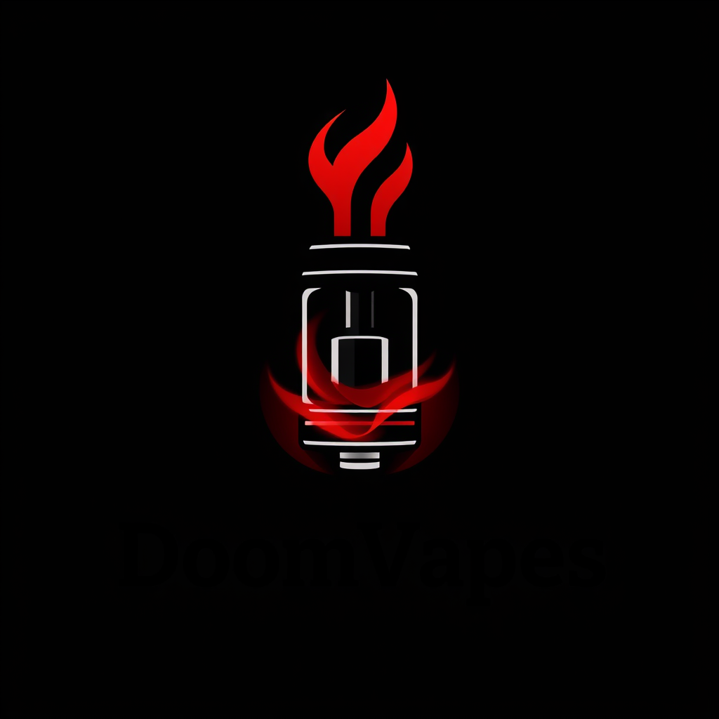 Sleek, minimalist logo design for DoomVapes featuring a stylized vape tank engulfed in ethereal, crimson flames. blend with modern simplicity. Geometric shapes evoke demonic symbolism. Bold, sans-serif typography in obsidian black. Balanced composition with negative space suggesting otherworldly vapors.