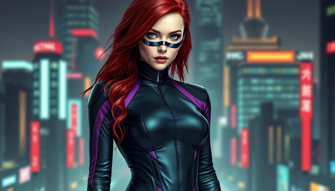 I used Flux AI Image Generator to create this image of a woman with red hair and green eyes. She's wearing a skintight black and purple spandex suit. The suit has a high collar and long sleeves. She's wearing a black metallic mask and standing perfectly straight. We can see every detail of her outfit from head to toe, including her boots. The background is a futuristic city. I love this image; it's like something out of a fantasy movie. - Image