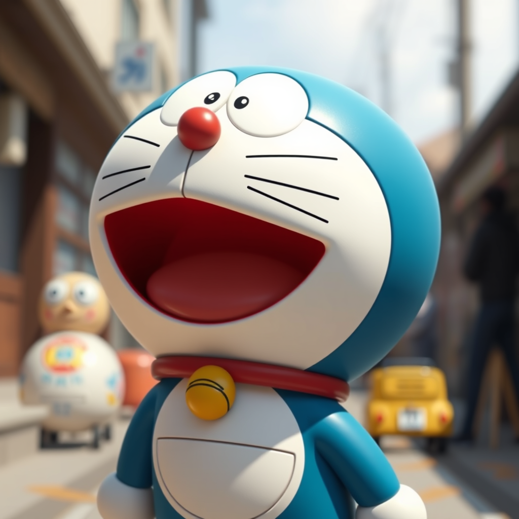 Pixar style, mouth open smiling Doraemon, standing, hyper-realistic camera style, lifelike details, high-resolution texture, vivid colors, sharp focus, natural lighting, photorealistic quality, cinematic depth of field, true-to-life portrayal. - Image