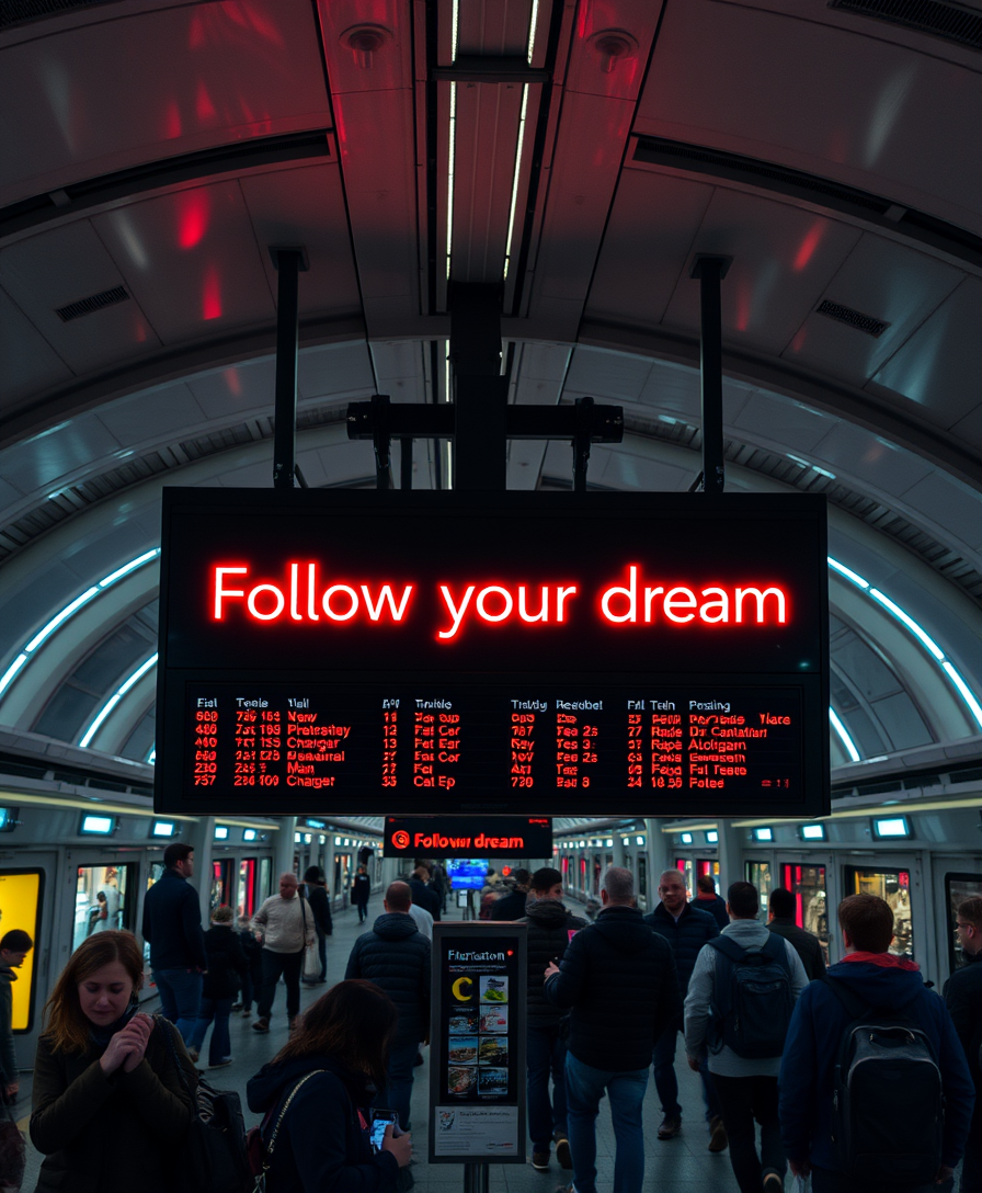 The futuristic busy interior of the railway station, on the board with the train schedule it says in large neon letters "Follow your dream". - Image