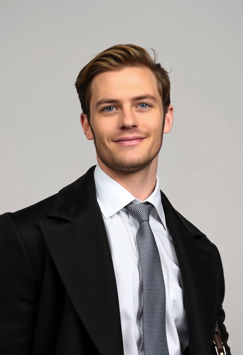 Jamie Dornan's head and body shot, handsome, young, shy smile, white shirt half buttoned, grey patterned tie, black suit coat, leather shoes, leather bag, hyper-realistic, studio photography, full-body photography. - Image