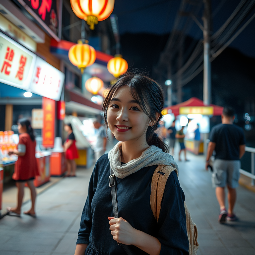 🌌 **Island at Night**: "Korean young woman experiencing nightlife, sea stroll, night market, unique charm of Cheung Chau Island at night, photorealistic style"