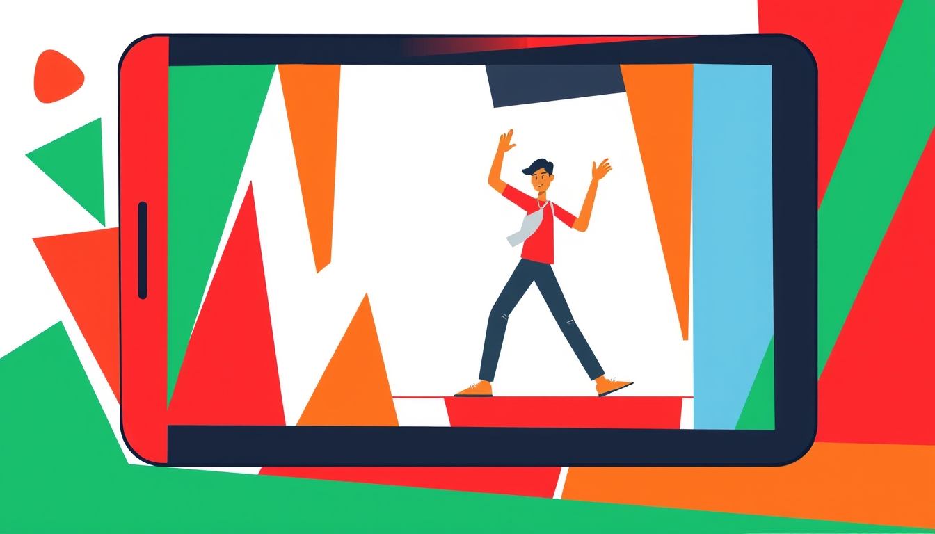 Create an abstract illustration featuring a person in a dynamic pose. Use bold, vibrant colors such as red, green, blue, and orange. The illustration should be composed of geometric and fragmented shapes to give it a playful, artistic feel. The overall style should be humorous and expressive, capturing movement and creativity. A person fills the screen frame in a dynamic pose. - Image