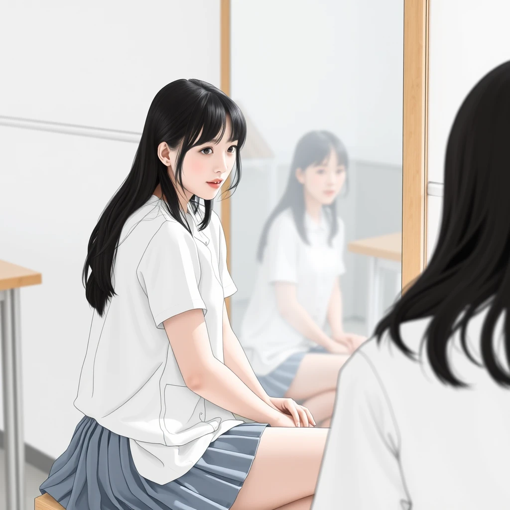 A female student is sitting, and she is looking in the mirror, where she can see her legs.