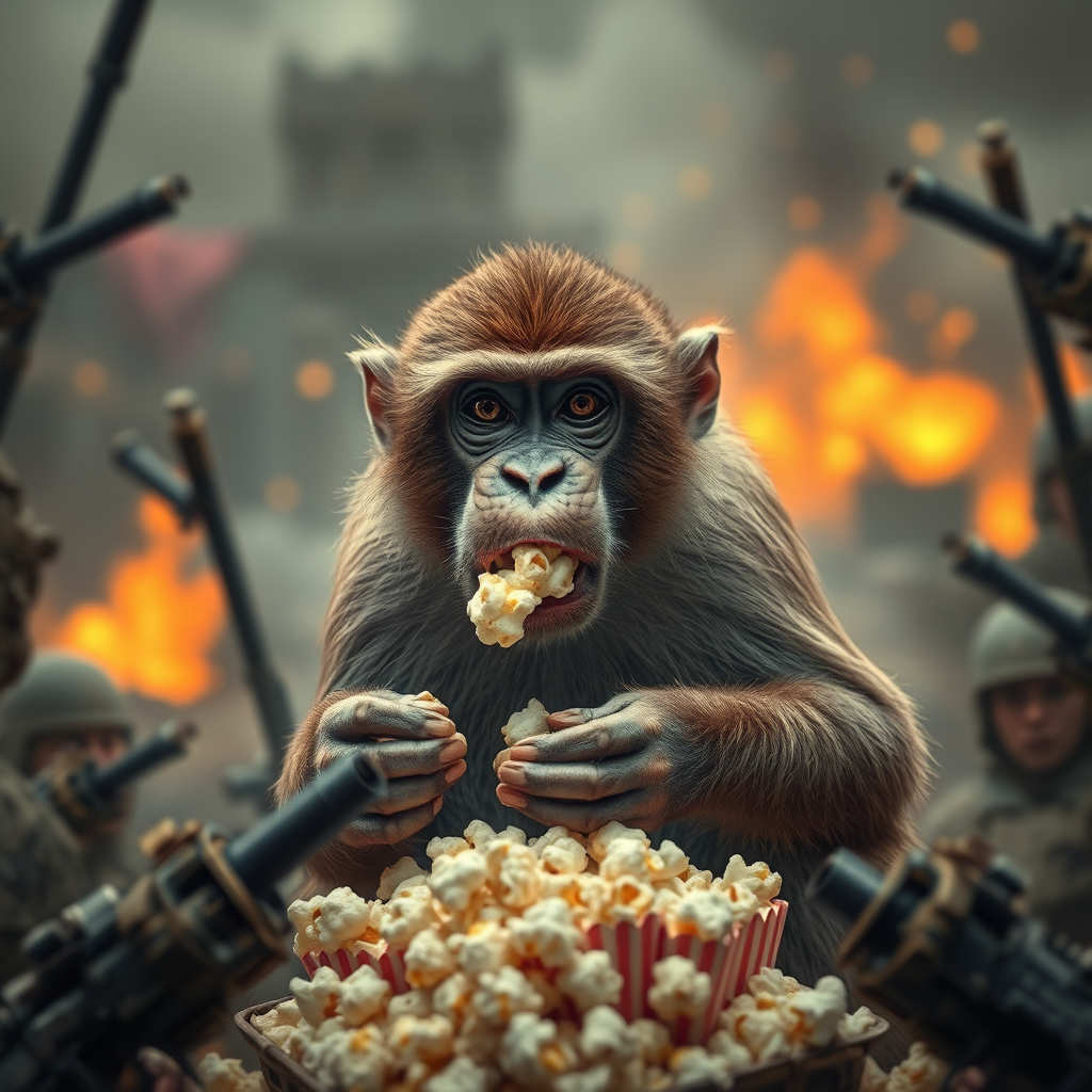 A monkey eating popcorn in the middle of a war - Image