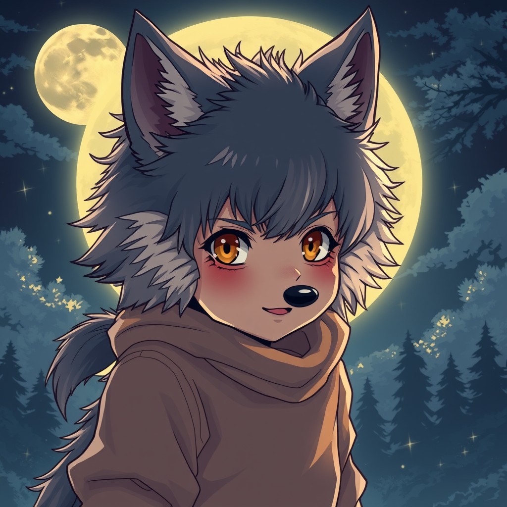 "Kid becoming a wolf in the full moon in an anime style"