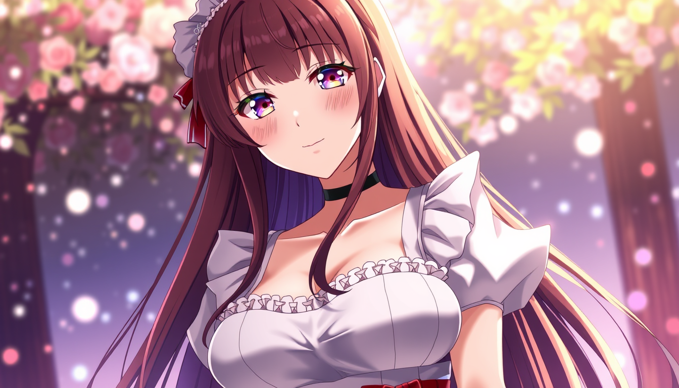 Anime art of a motherly Orihime, wearing a maid dress, showcasing cleavage, with long hair, natural reflective features, detailed body, standing, set against a wallpaper anime background, with stunning details, anime artwork, high illustration quality, suitable for wallpaper engine, in 4k.