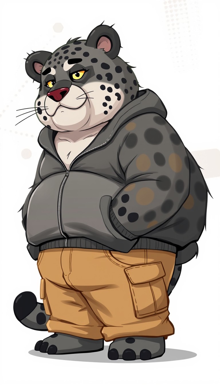 quarter view, anthropomorphic obese gray bear leopard hybrid, blended features. gray and black fur with tan and white fur markings. he has a heavyset body. wide fat bottom. fat wide double chins. tan cargo pants and zip up hoodie. full body. uncropped. fluffy fur. abstract background digital art, cartoon. - Image