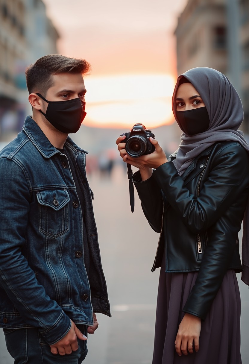 Jamie Dornan's head and body shot, handsome, face mask black, jeans jacket, jeans, dating, love couple, with biggest grey hijab Muslim girl, face mask black, beautiful eyes, black leather jacket, biggest skirt, taking picture, camera DSLR Canon, sunset, hyper realistic, street photography. - Image