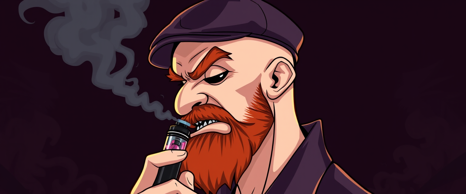 Three-quarter view cartoon demonized white human male, bald with short fiery ginger beard, wearing a vintage flat cap. He's exhaling vapor clouds from a sleek vape mod, dripping with vibrant e-liquids, featuring gothic elements and a smoky, mischievous atmosphere. - Image