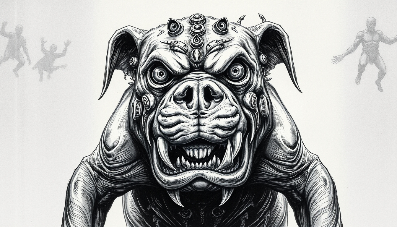 Horror Monster created by H.P. Lovecraft Drawing, Bulldog with his head and body covered in many eyes, full body, raw drawing. - Image