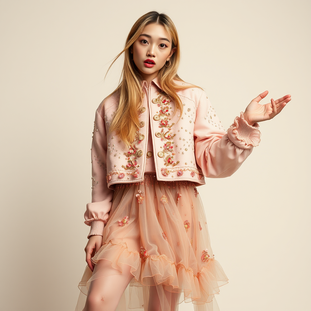 Full body look: an Asian model with big almond-shaped eyes and long blond hair posing for a fashion magazine commercial. She is wearing a richly decorated pastel-colored boxy oversized cropped jacket with a multitude of tiny different embellishments, a richly decorated organza-draped midi skirt, and socks styled for a Rococo aesthetics photoshoot. The model is posing playfully, moving emotionally, and looking surprised for a collaboration between Jil Sander, JW Anderson, and Loewe. Aspect ratio 2:3. Style: raw. - Image