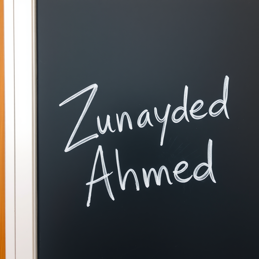 A writing written on a blackboard in a signature style saying "Zunayed Ahmed." - Image