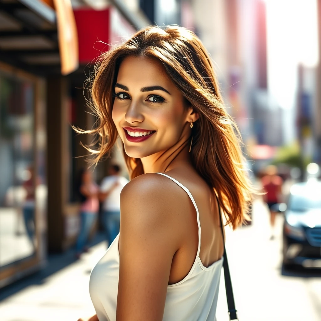 "Create a realistic image of an attractive woman in a sunny city. The photo should capture her torso as she turns around to make eye contact with the camera. The background should include elements of a vibrant urban environment with sunlight casting natural highlights and shadows. The woman's expression should be friendly and engaging."