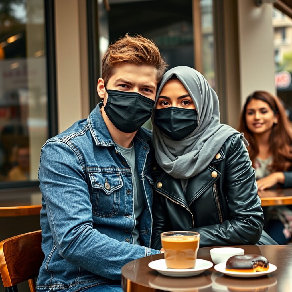 Jamie Dornan's head and body shot, handsome, young, black face mask, blue jeans jacket, jeans, dating a beautiful Muslim girl in a grey hijab with beautiful eyes, black face mask, black leather jacket, the biggest floral skirt, at a café, 2 cups of latte, muffin cake, chocolate donut on a table, with another 3 friends smiling in the background, photorealistic, hyper-realistic, street photography, selfie.