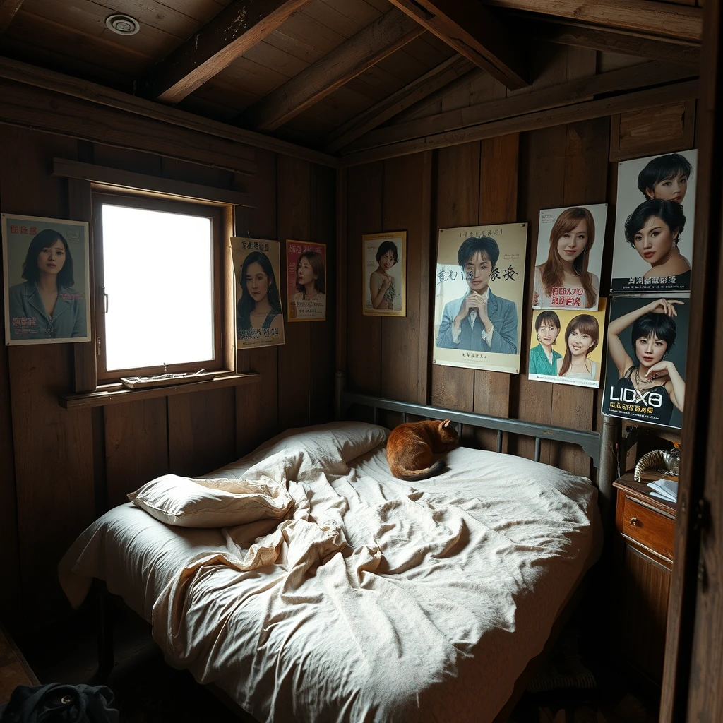 In a dilapidated wooden cabin, there is a bed, and one wall of the room has some posters of Hong Kong female stars, while there is a cat in the room. Note that the cabin has a window. - Image