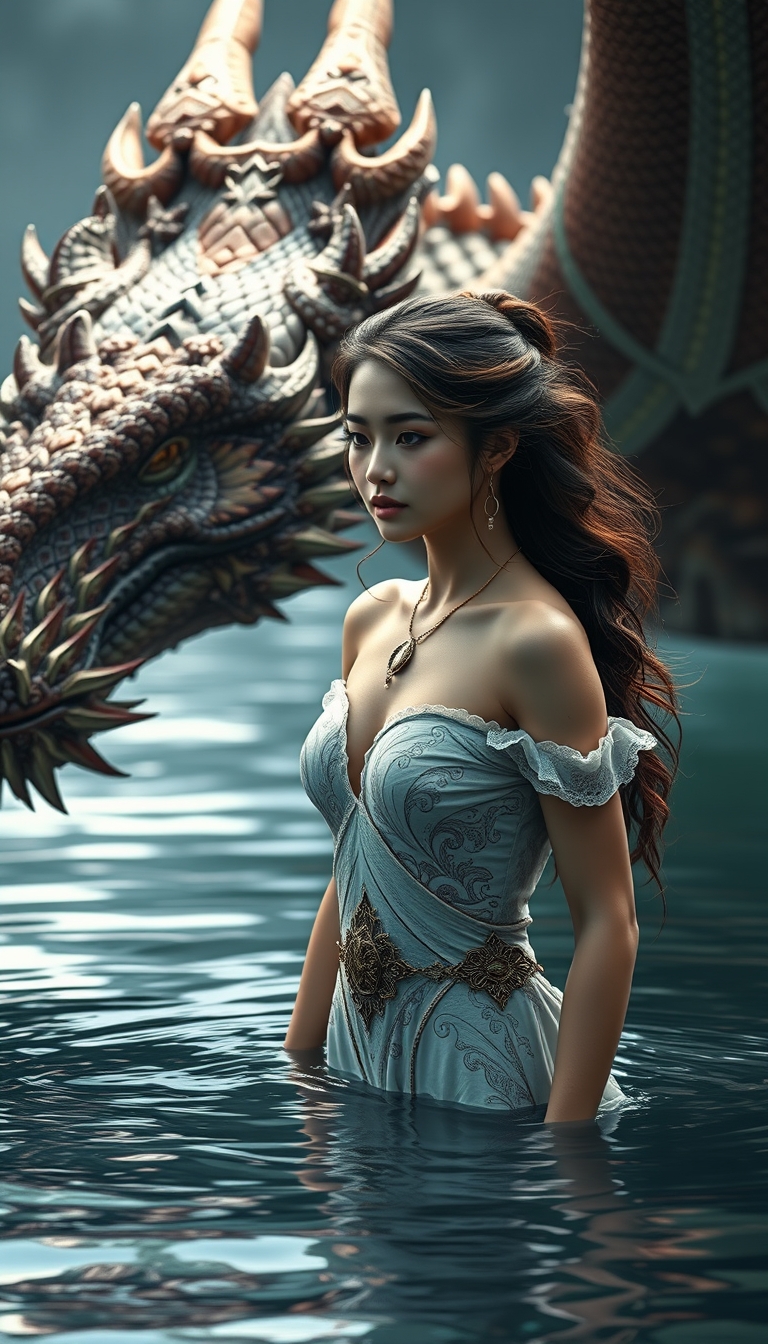 A gorgeous young woman is standing in the water next to a dragon, in the style of fantasy scenes, realistic detail, theo prins, magewave, ferrania p30, evgeni gordiets, kuang hong, 8k sharp focus, photorealism, highly detailed.