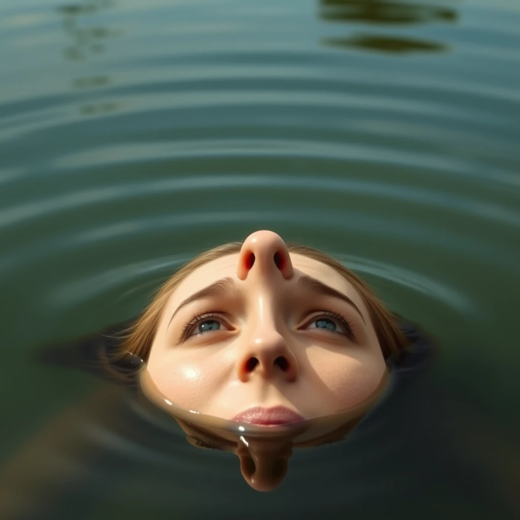 A woman rising out of a pond, face pointing straight up. Only the tip of her nose is above the water line. - Image